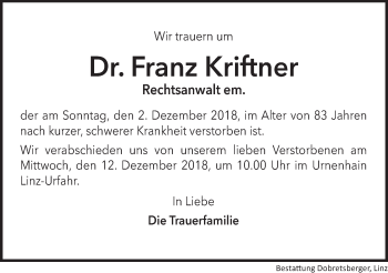 Traueranzeige von Franz Kriftner von OÖNachrichten