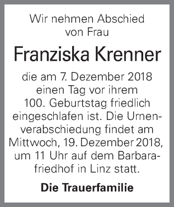 Traueranzeige von Franziska Krenner von OÖNachrichten
