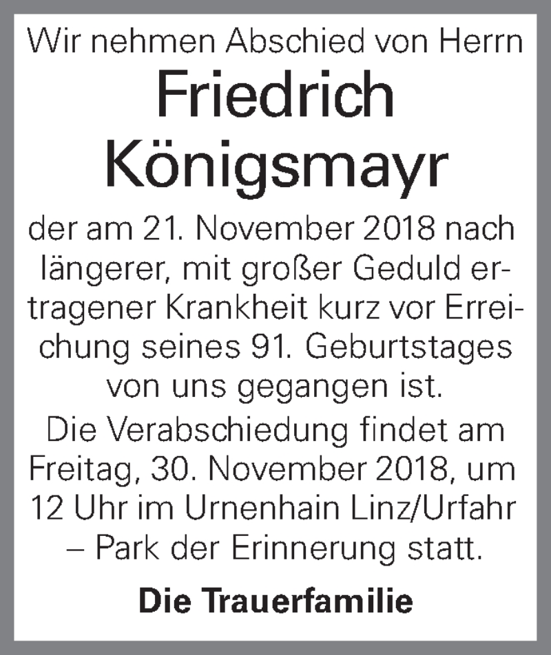  Traueranzeige für Friedrich Königsmayr vom 28.11.2018 aus OÖNachrichten