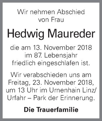 Traueranzeige von Hedwig Maureder von OÖNachrichten