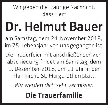 Traueranzeige von Helmut Bauer von OÖNachrichten