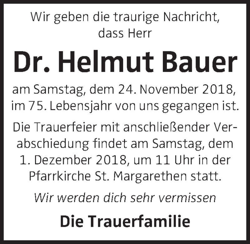  Traueranzeige für Helmut Bauer vom 29.11.2018 aus OÖNachrichten