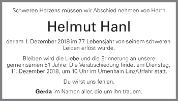Traueranzeige von Helmut Hanl von OÖNachrichten