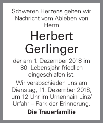 Traueranzeige von Herbert Gerlinger von OÖNachrichten