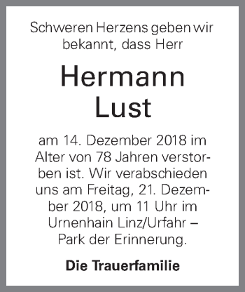 Traueranzeige von Hermann Lust von OÖNachrichten
