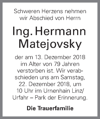 Traueranzeige von Hermann Matejovsky von OÖNachrichten