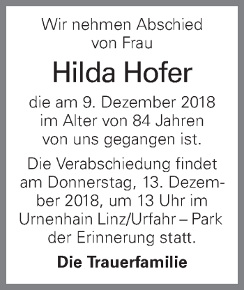 Traueranzeige von Hilda Hofer von OÖNachrichten