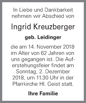 Traueranzeige von Ingrid Kreuzberger von OÖNachrichten