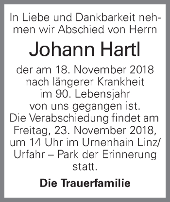 Traueranzeige von Johann Hartl von OÖNachrichten