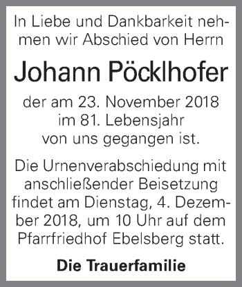 Traueranzeige von Johann Pöcklhofer von OÖNachrichten