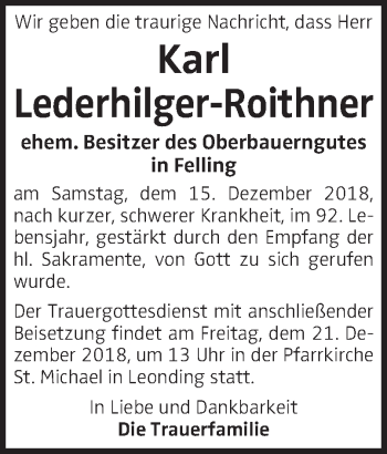 Traueranzeige von Karl Lederhilger-Roithner von OÖNachrichten