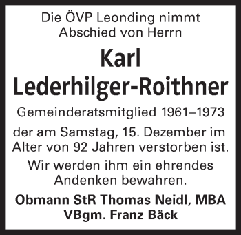 Traueranzeige von Karl Lederhilger-Roithner von OÖNachrichten