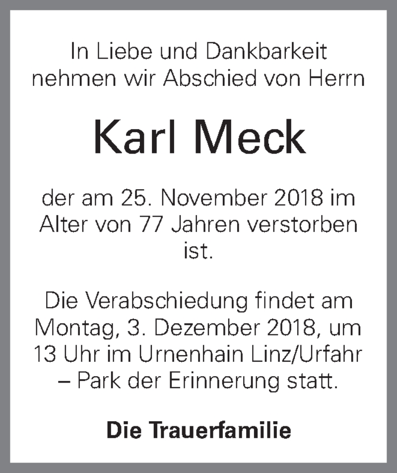  Traueranzeige für Karl Meck vom 01.12.2018 aus OÖNachrichten