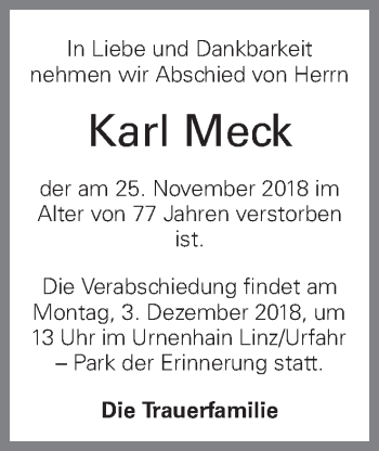 Traueranzeige von Karl Meck von OÖNachrichten