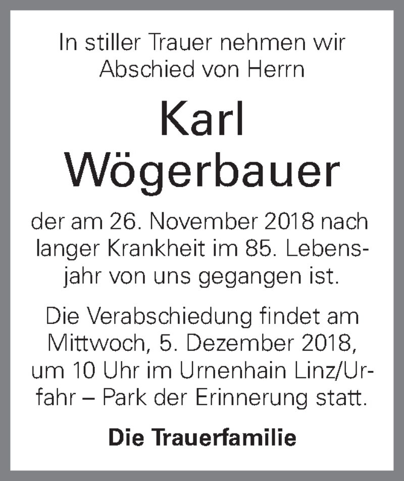  Traueranzeige für Karl Wögerbauer vom 01.12.2018 aus OÖNachrichten