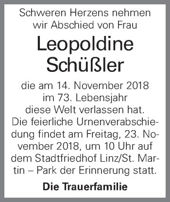 Traueranzeige von Leopoldine Schüßler von OÖNachrichten