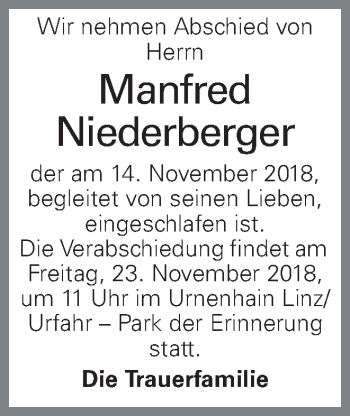 Traueranzeige von Manfred Niederberger von OÖNachrichten