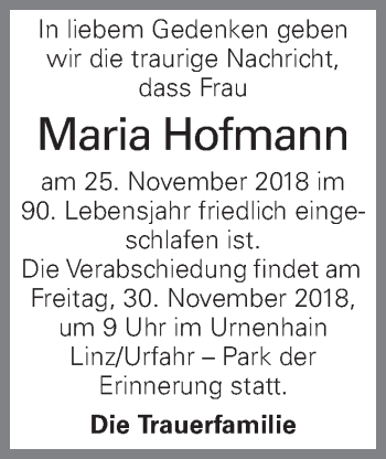Traueranzeige von Maria Hofmann von OÖNachrichten