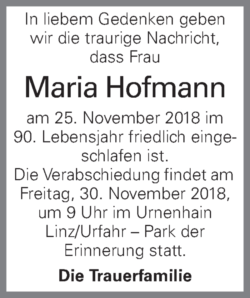  Traueranzeige für Maria Hofmann vom 28.11.2018 aus OÖNachrichten