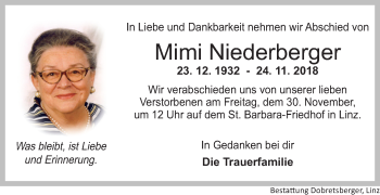 Traueranzeige von Mimi Niederberger von OÖNachrichten