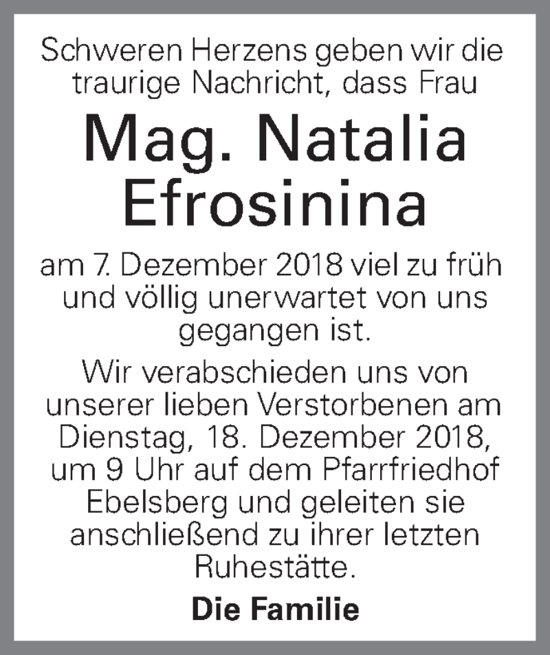  Traueranzeige für Natalia Efrosinina vom 14.12.2018 aus OÖNachrichten