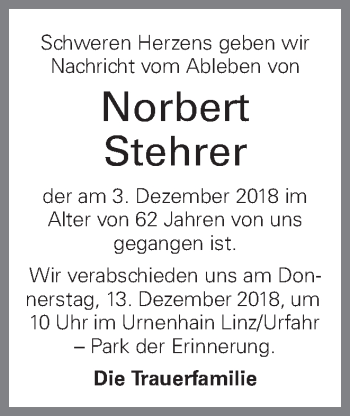 Traueranzeige von Norbert Stehrer von OÖNachrichten