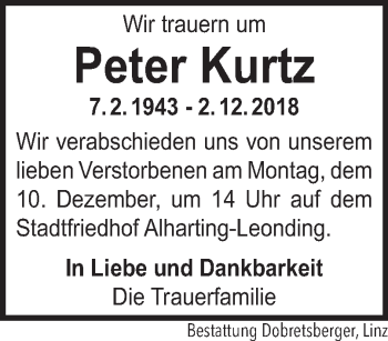 Traueranzeige von Peter Kurtz von OÖNachrichten