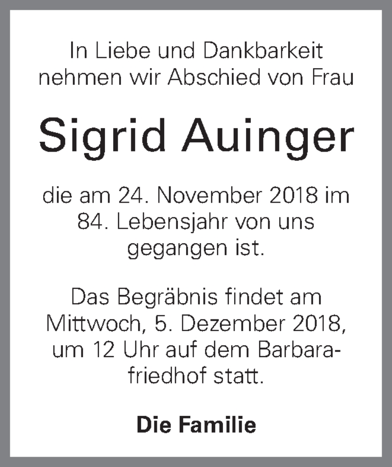  Traueranzeige für Sigrid Auinger vom 01.12.2018 aus OÖNachrichten