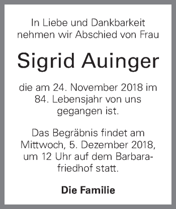 Traueranzeige von Sigrid Auinger von OÖNachrichten
