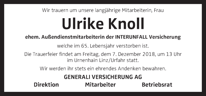  Traueranzeige für Ulrike Knoll vom 04.12.2018 aus OÖNachrichten
