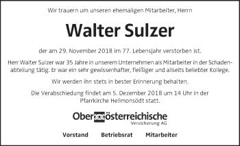 Traueranzeige von Walter Sulzer von OÖNachrichten
