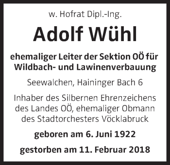 Traueranzeige von Adolf  Wühl von OÖNachrichten