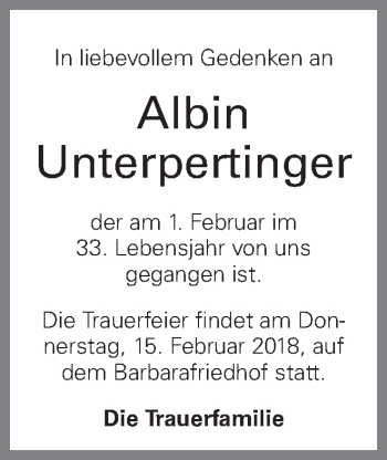 Traueranzeige von Albin Unterpertinger von OÖNachrichten