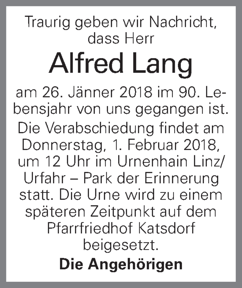  Traueranzeige für Alfred Lang vom 30.01.2018 aus OÖNachrichten
