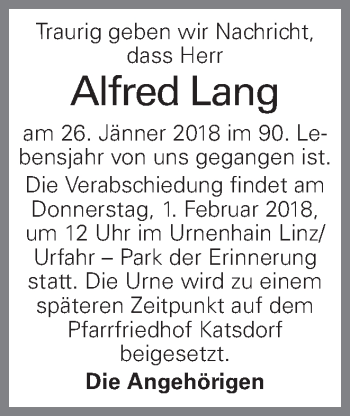 Traueranzeige von Alfred Lang von OÖNachrichten