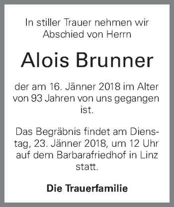 Traueranzeige von Alois Brunner von OÖNachrichten