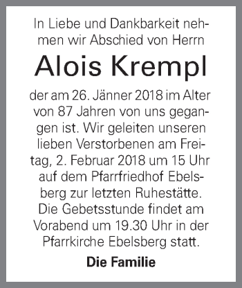 Traueranzeige von Alois Krempl von OÖNachrichten