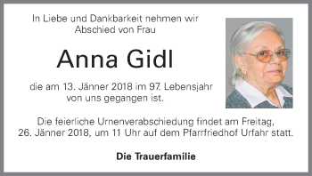 Traueranzeige von Anna Gidl von OÖNachrichten