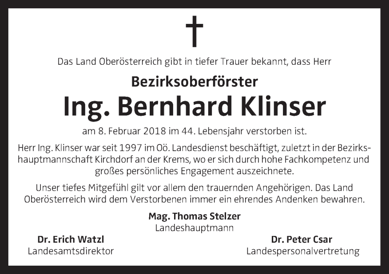  Traueranzeige für Bernhard Klinser vom 13.02.2018 aus OÖNachrichten