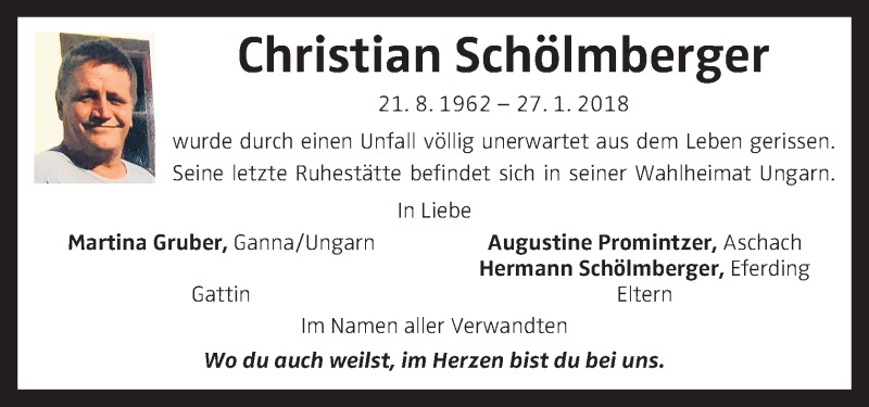  Traueranzeige für Christian Schölmberger vom 24.02.2018 aus OÖNachrichten