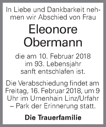 Traueranzeige von Eleonore Obermann von OÖNachrichten