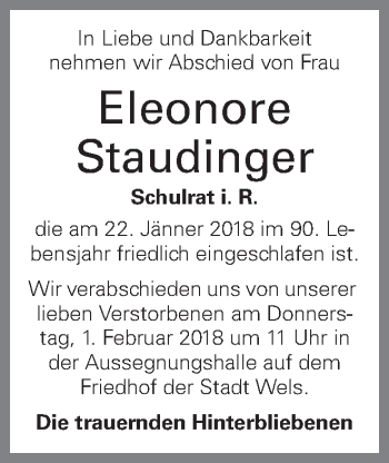 Traueranzeige von Eleonore Staudinger von OÖNachrichten