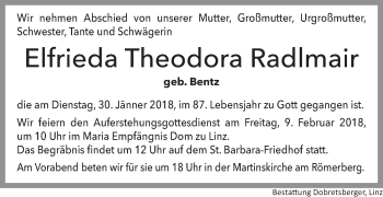 Traueranzeige von Elfrieda Theodora Radlmair von OÖNachrichten