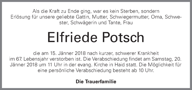  Traueranzeige für Elfriede Potsch vom 17.01.2018 aus OÖNachrichten