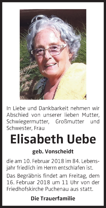Traueranzeige von Elisabeth Uebe von OÖNachrichten