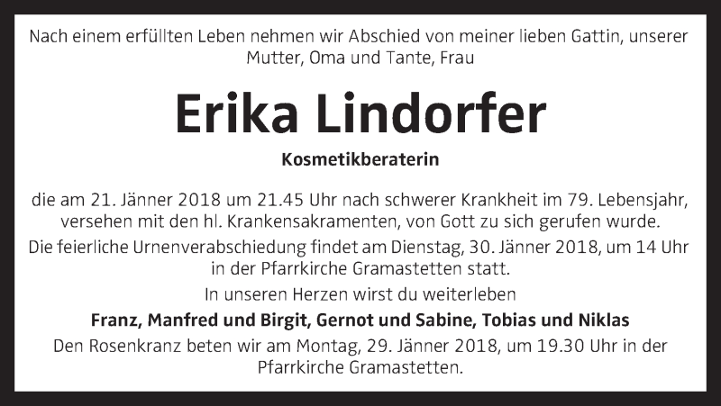  Traueranzeige für Erika Lindorfer vom 27.01.2018 aus OÖNachrichten