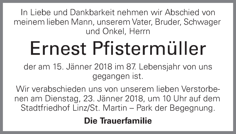  Traueranzeige für Ernest Pfistermüller vom 20.01.2018 aus OÖNachrichten