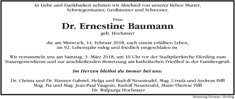  Traueranzeige für Ernestine Baumann vom 24.02.2018 aus OÖNachrichten