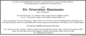 Traueranzeige von Ernestine Baumann von OÖNachrichten