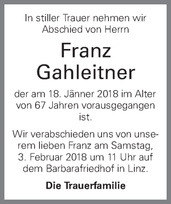 Traueranzeige von Franz Gahleitner von OÖNachrichten